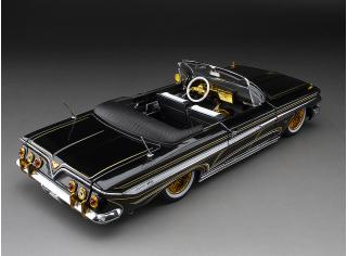 Chevrolet Impala open convertible Lowrider with movable suspension, black/chrome with small white wall tires SunStar Metallmodell 1:18